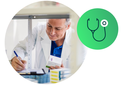 Medical Equipment Supplier Case Study image of doctor working in lab and icon
