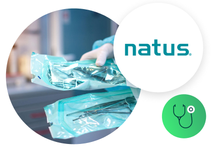 Natus case study image of medical equipment, natus logo, and medical icon
