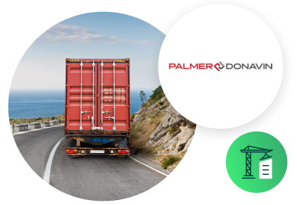 Palmer-Donavin logo with building supply icon and semi on highway