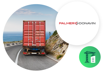 Logo van Palmer-Donavin met pictogram van bouwtoelevering en vrachtwagen op de snelweg