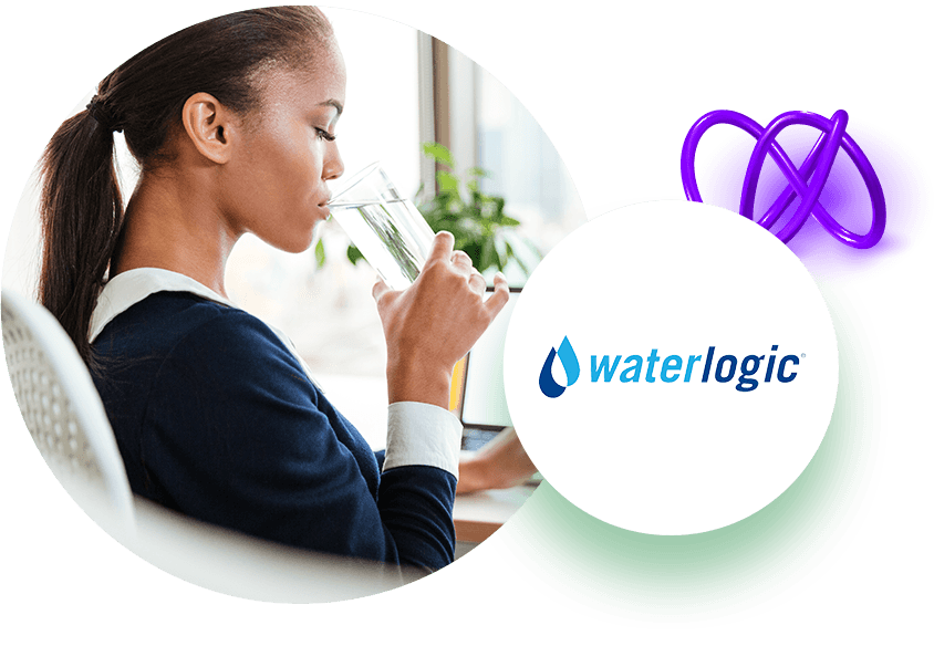 Woman sipping water, alongside Waterlogic logo