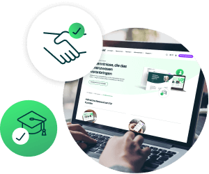 Person mit Laptop mit geöffneter Billtrust-Webseite für Kundenressourcen mit begleitenden Symbolen, einschließlich Handschlag-Symbol und Schulungssymbol