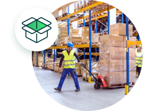 Image of employee walking in warehouse with distributor icon