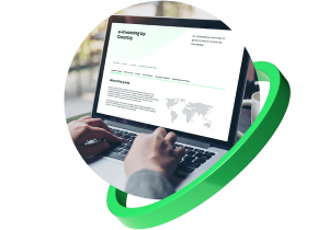 Computerbildschirm mit der Webseite der Compliance-Map für eRechnungsstellung und einem grünen illustrierten Ring