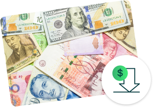 Currencies from different countries with money and arrow down icon