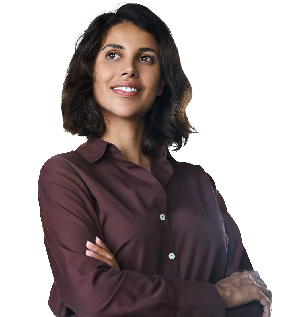 Businesswoman with her arms crossed, looking up and to the left