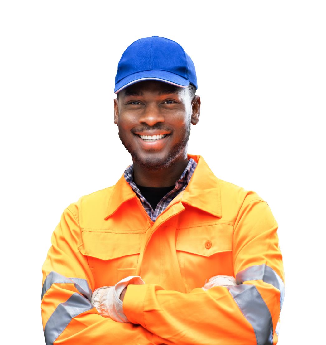 A man with industrial worker clothing and a ball cap