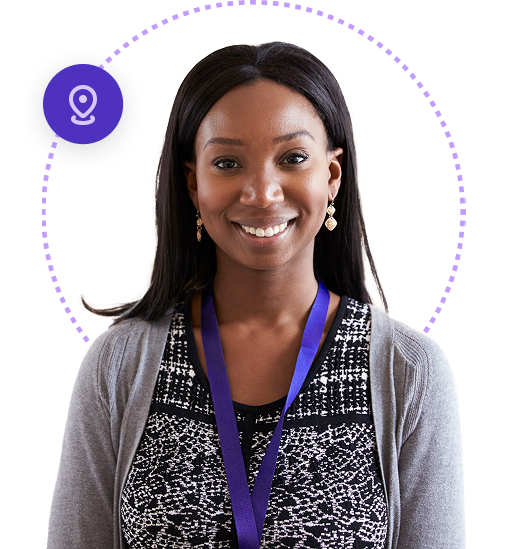 A women smiles while looking at the camera, overlaid with a location icon
