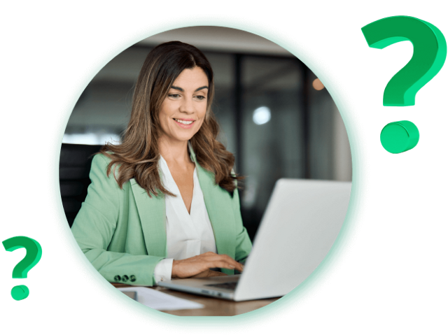 Image of woman on computer with question mark graphics