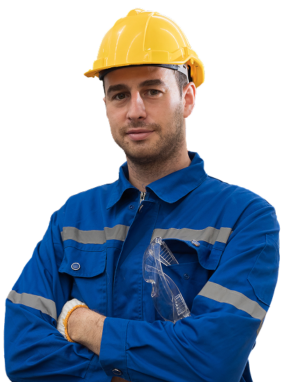 A man in work clothes with a hardhat