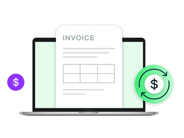 e-invoice exchange framework masthead image of a computer with two dollar sign icons on either side of it with an invoice on the screen