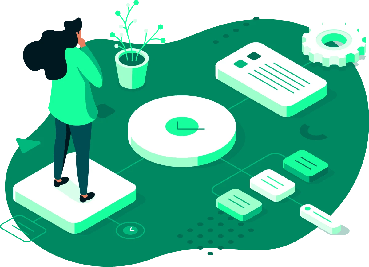 woman stepping across workflow graphic