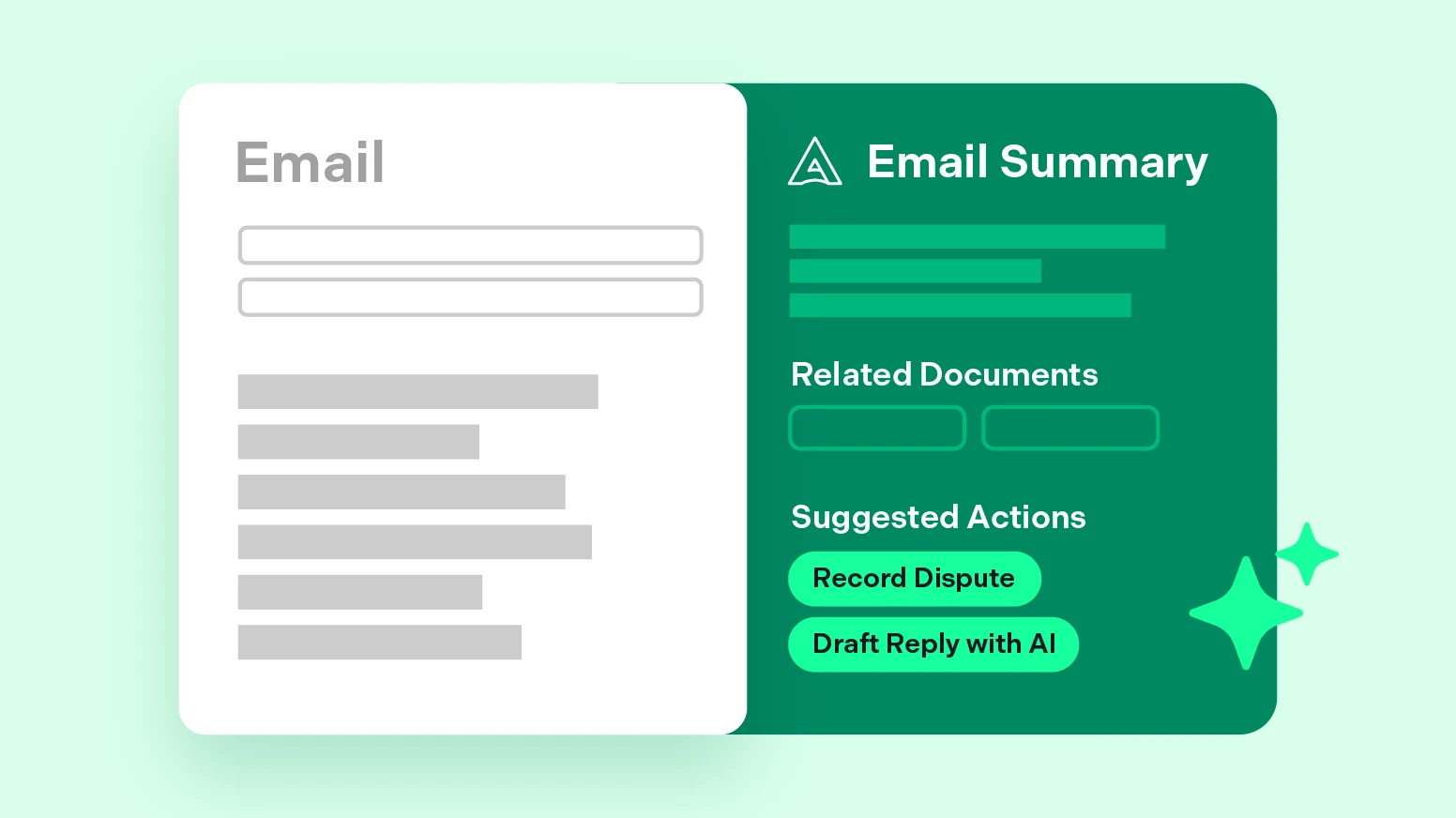 Agentic email interface showing summary, related documents, and suggested actions
