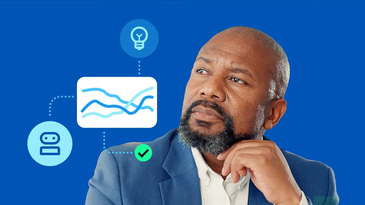 man in suit with beard looking at Finance leaders are cautious about AI report icons