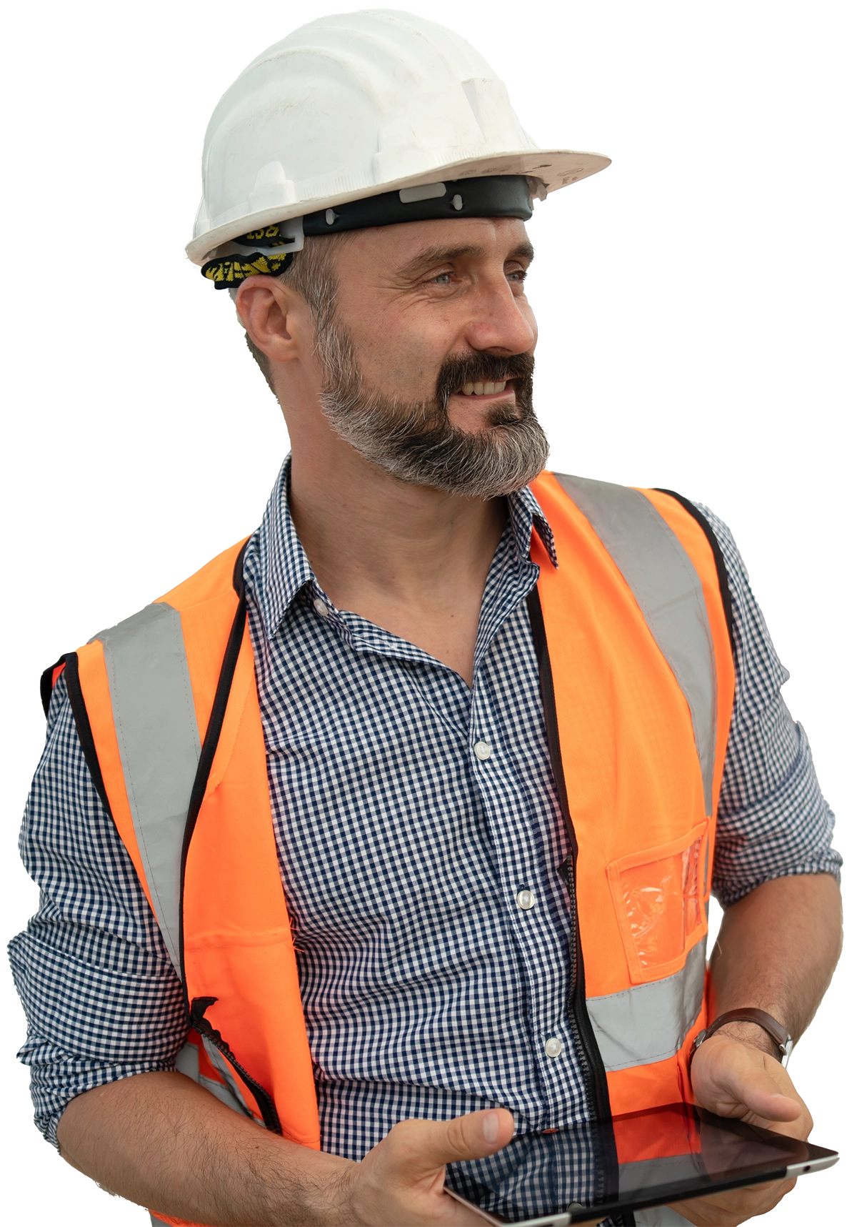 Male contractor with beard and iPad