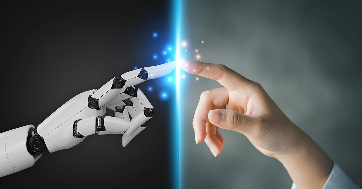 Robot finger touching person finger