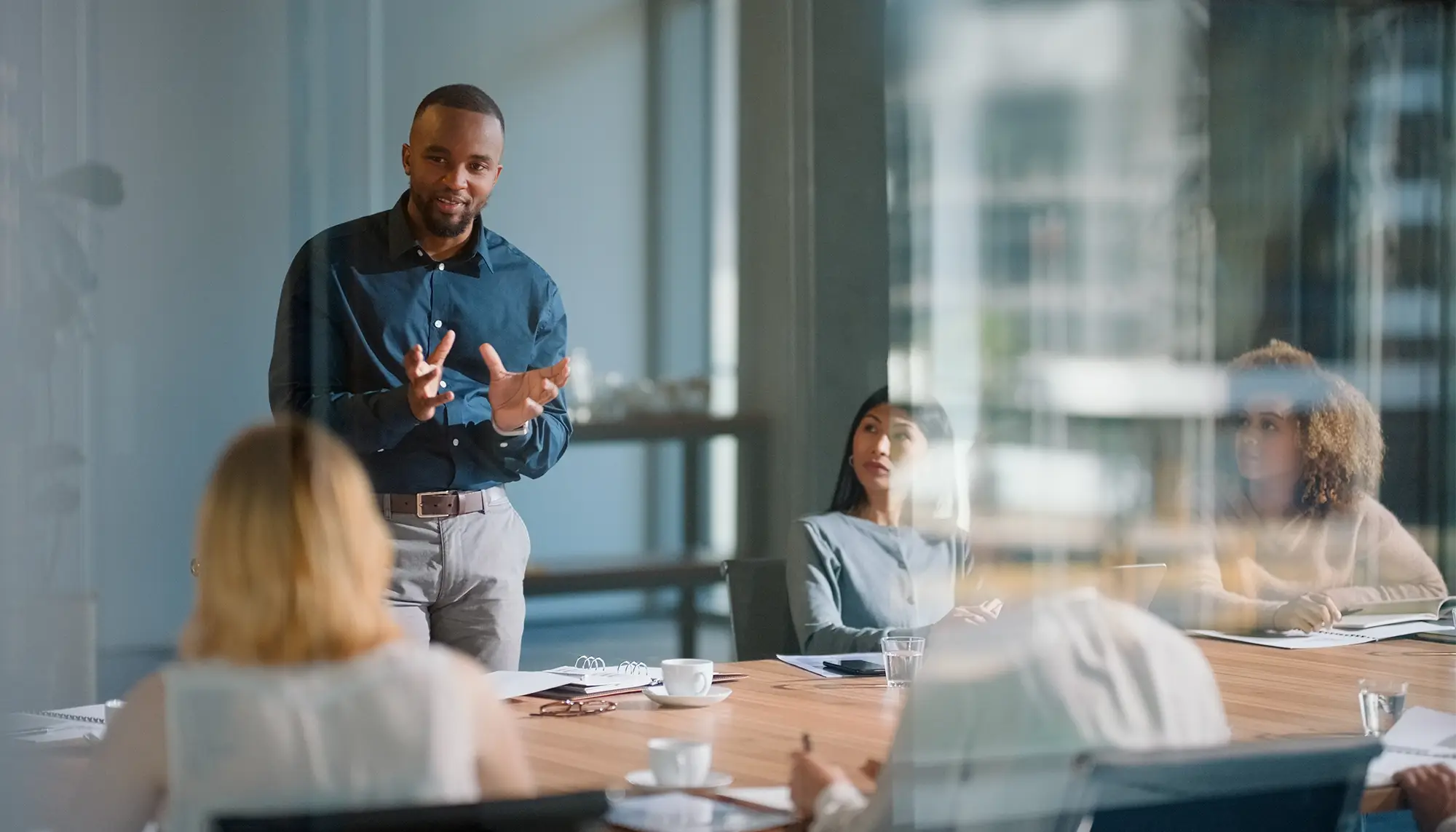 financial professional leading meeting