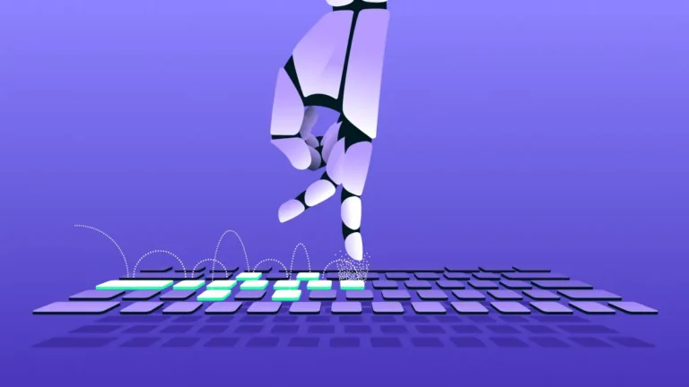 Robot hand typing on keyboard