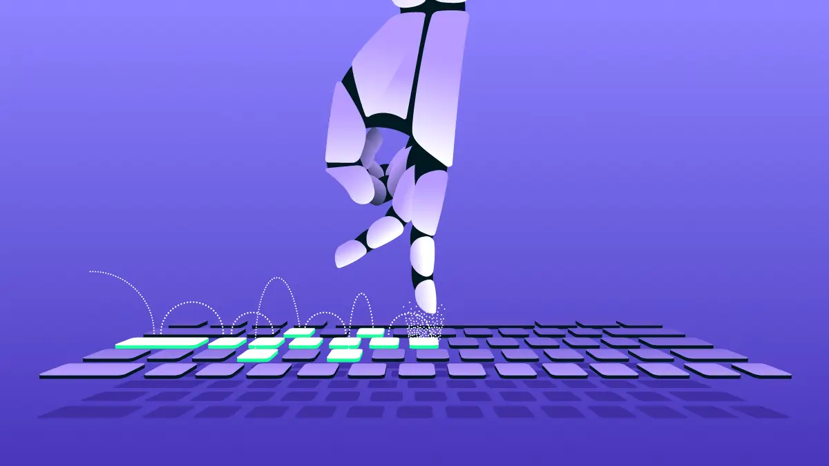 Robot hand typing on keyboard