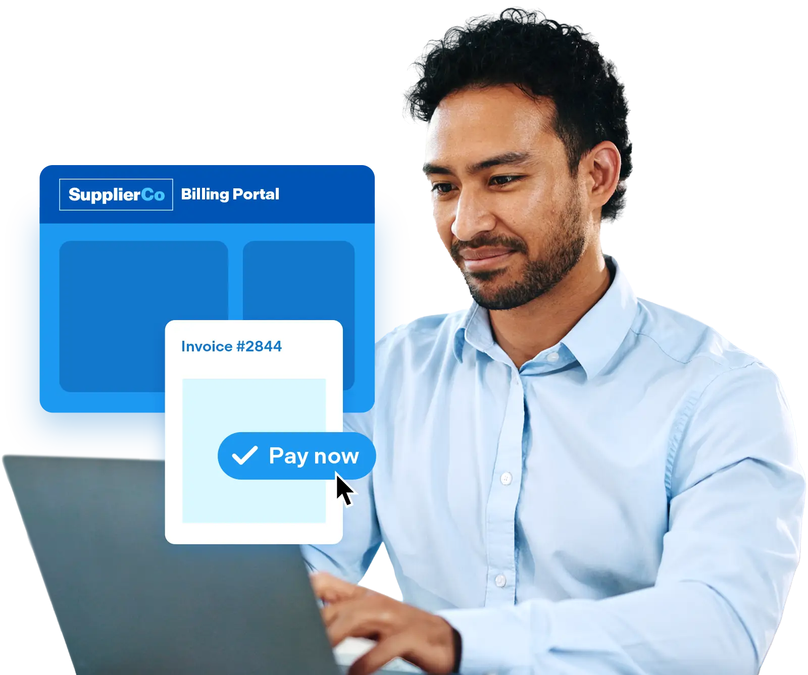 Man using laptop with SupplierCo Billing Portal displayed
