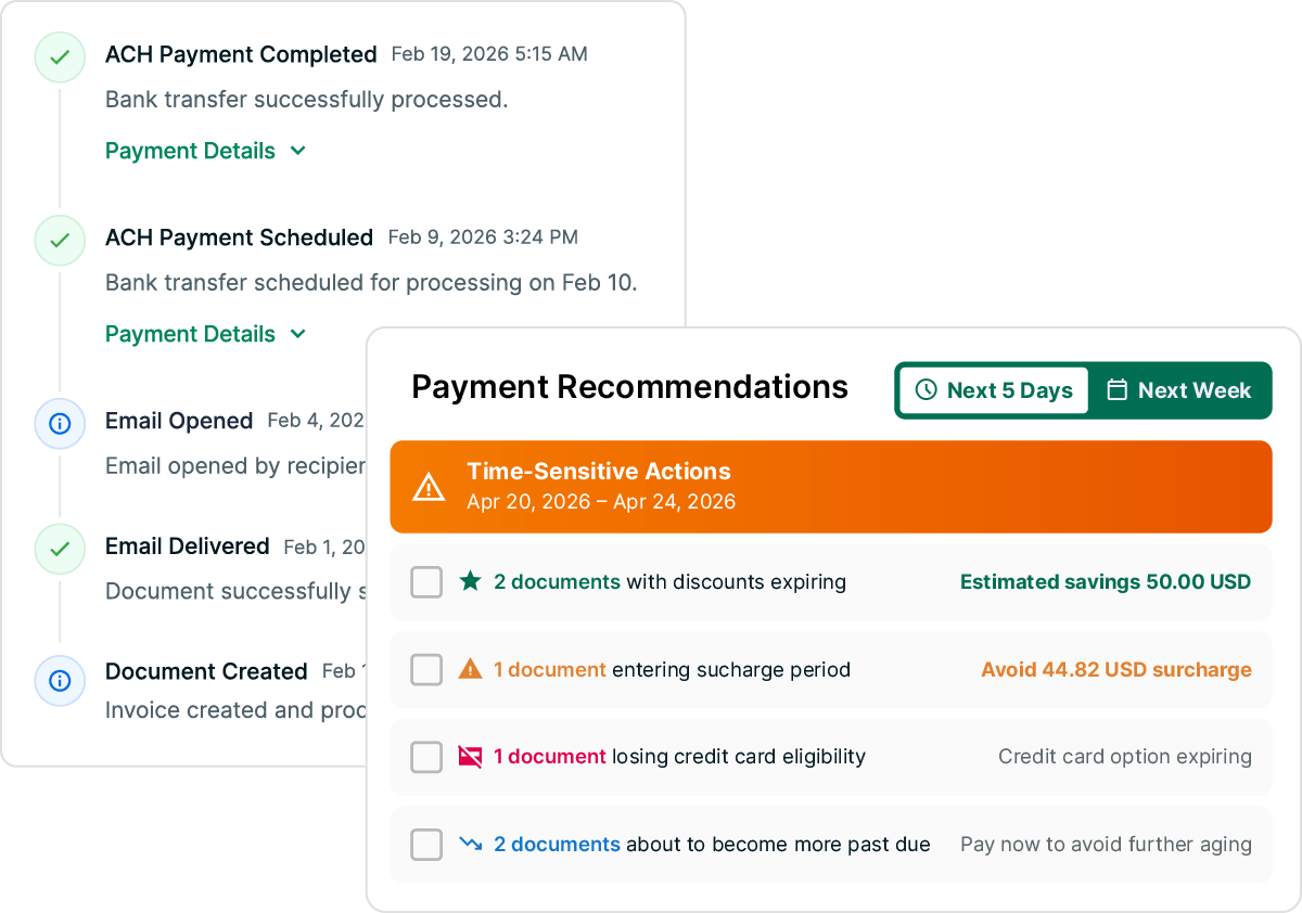 Document history showing email send and payment received, and payment recommendations interface