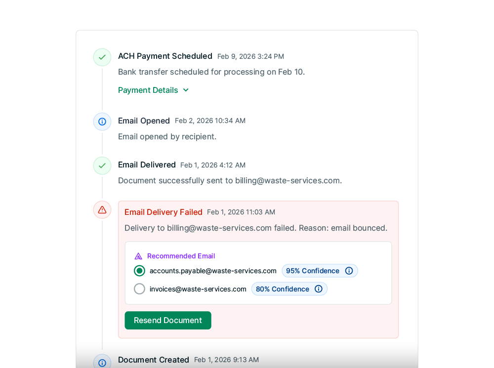 Invoicing interface showing document tracking