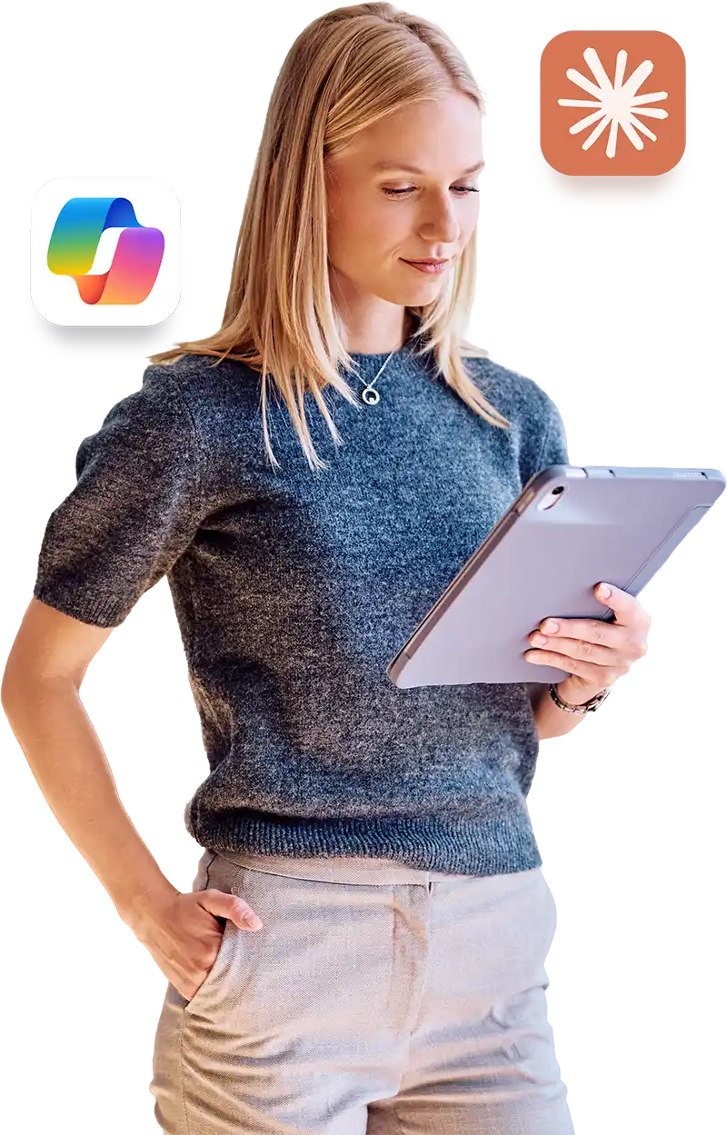 Woman looking at tablet with Claude and Copilot icons