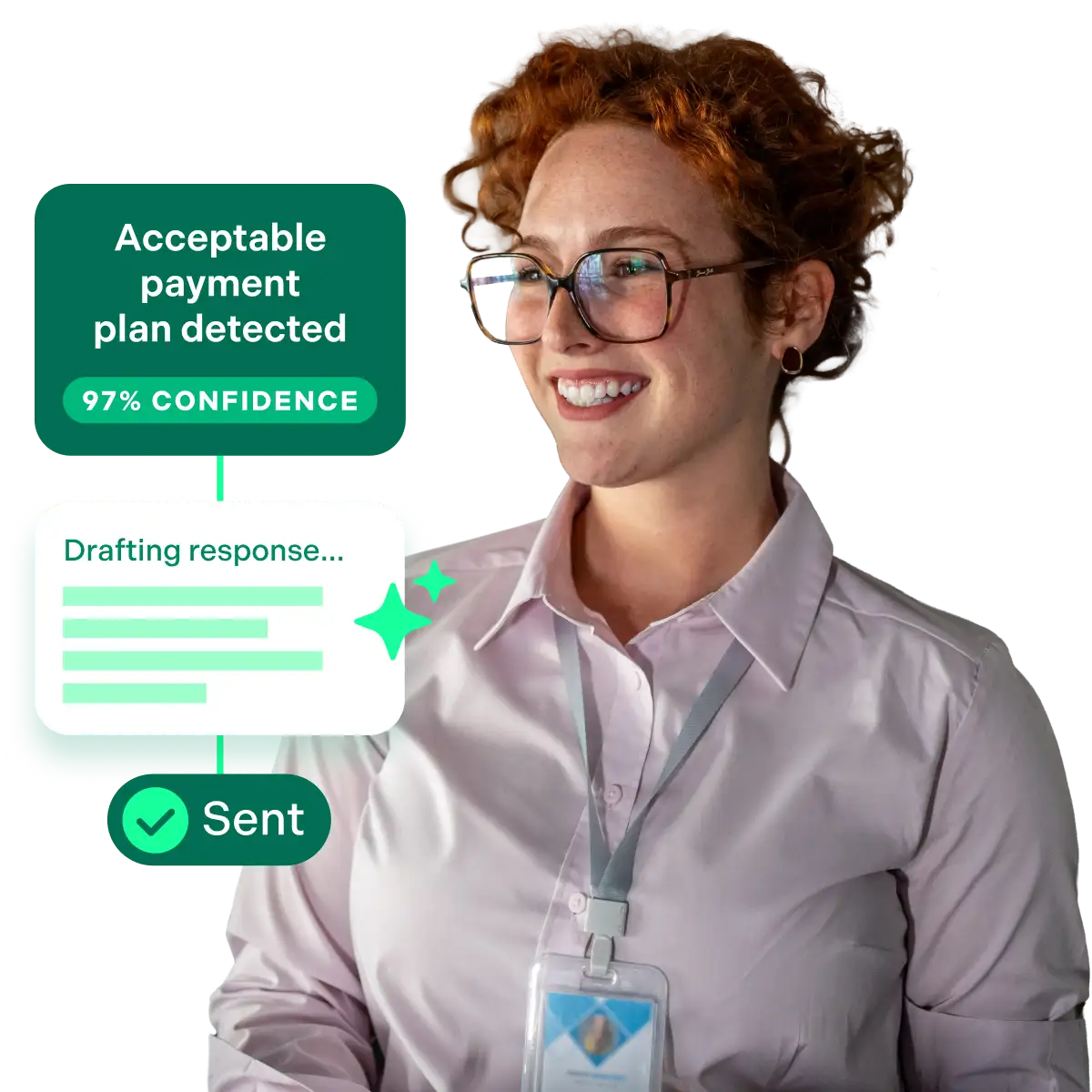 Vrouw met id-badge kijkt naar een e-mailbeantwoordingsinterface die met 97% zekerheid een acceptabel afbetalingsplan detecteert, een antwoord opstelt en het verzendt