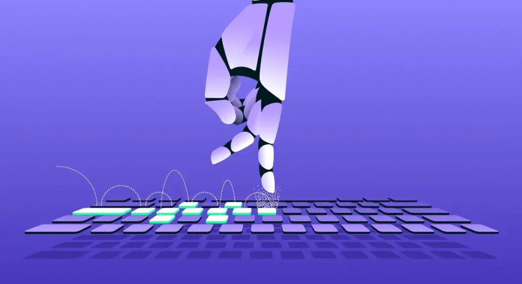 Robot hand typing on keyboard