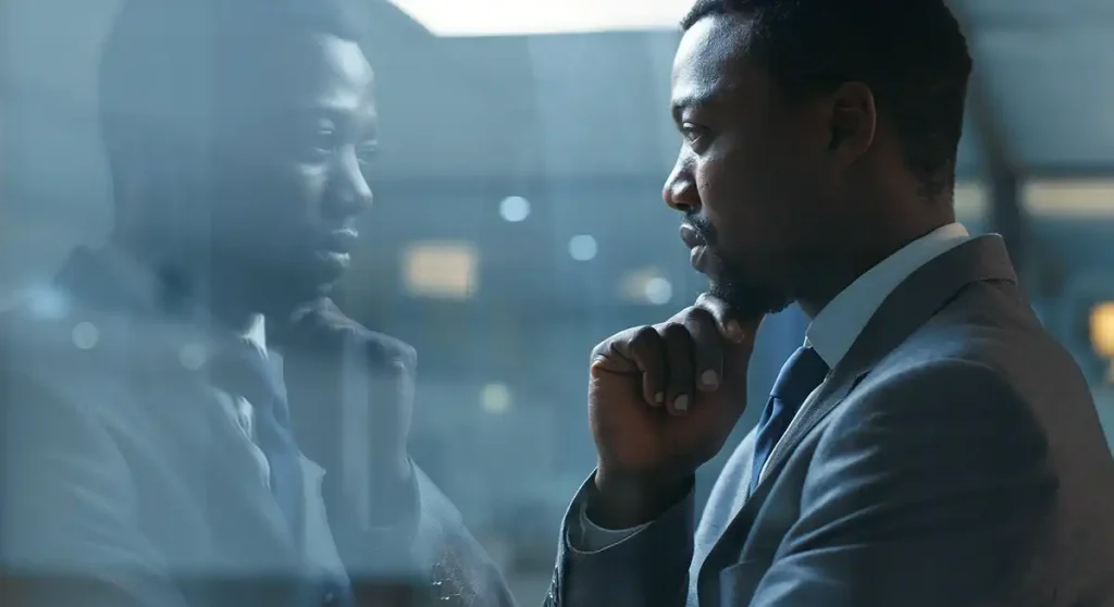 Busniessman looking out window thinking