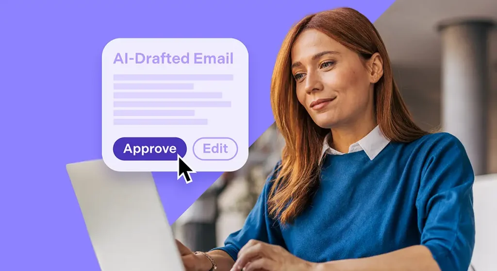 woman approving ai-generated email on laptop