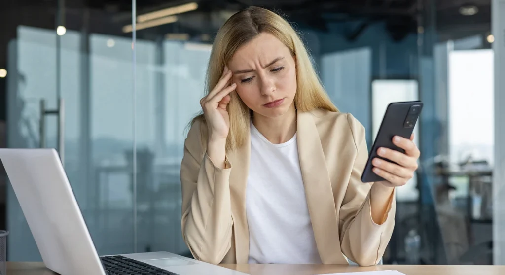 woman holding phone sitting at desk in front of laptop in office