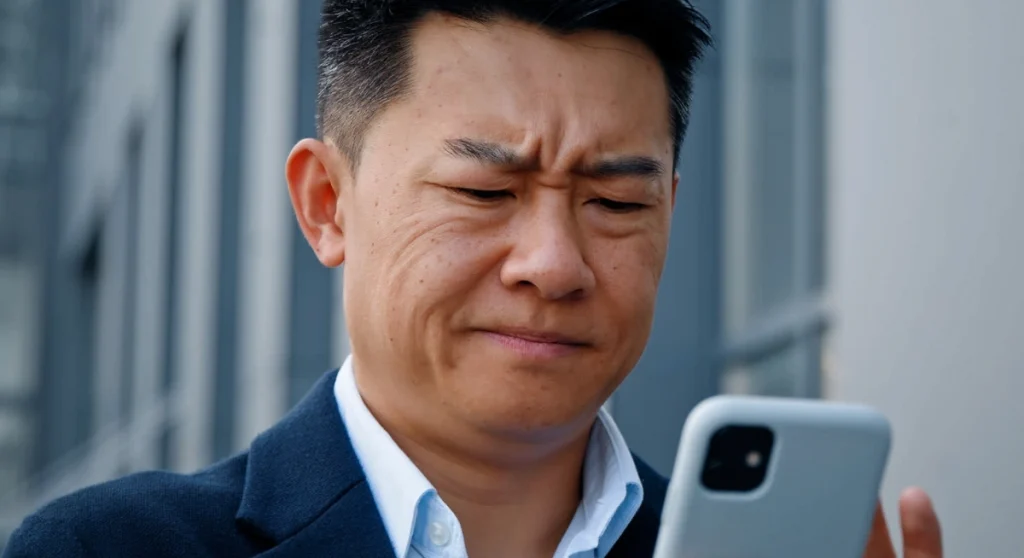 Frustrated Man Reading Phone Emails