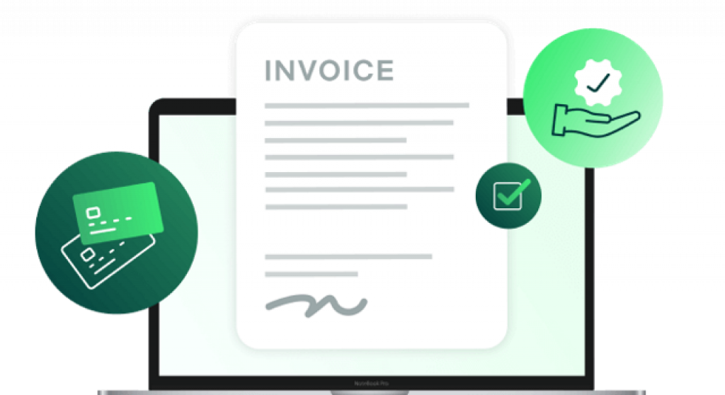 how e-invoicing can benefit your business masthead image of an invoice surrounded with a hand with a check mark above it and credit card graphics