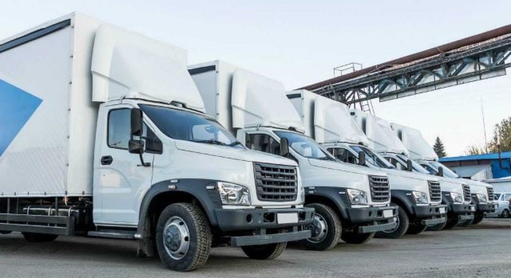 a row of parked white refrigeration trucks