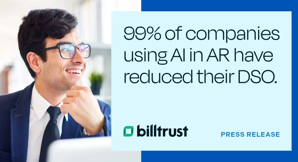 Man Smiling at Computer - 99% of Companies using AI in AR have reduced their DSO