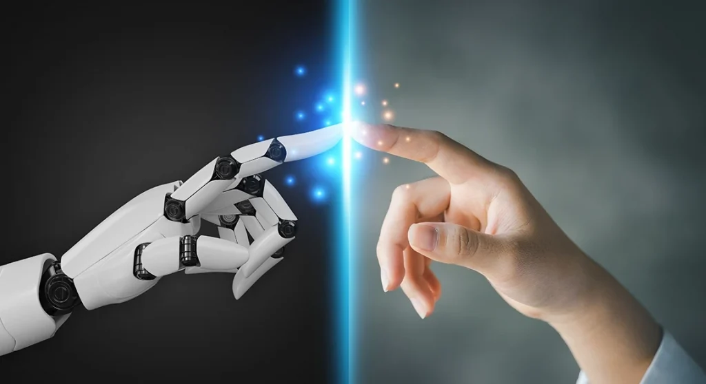 Robot finger touching person finger