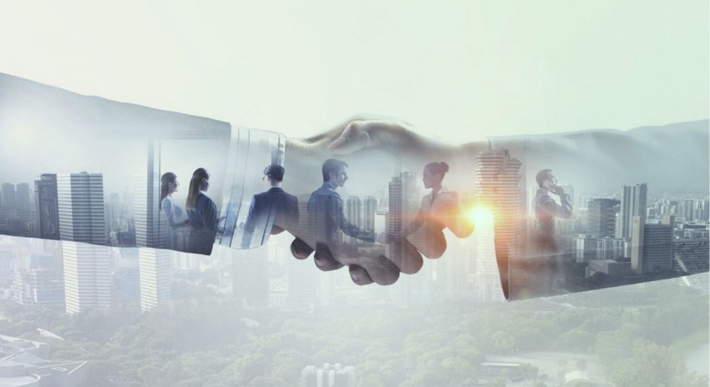 Händeschütteln Bild von Mitarbeitern in der Stadt Partnerschaft zwischen Visa und Billtrust