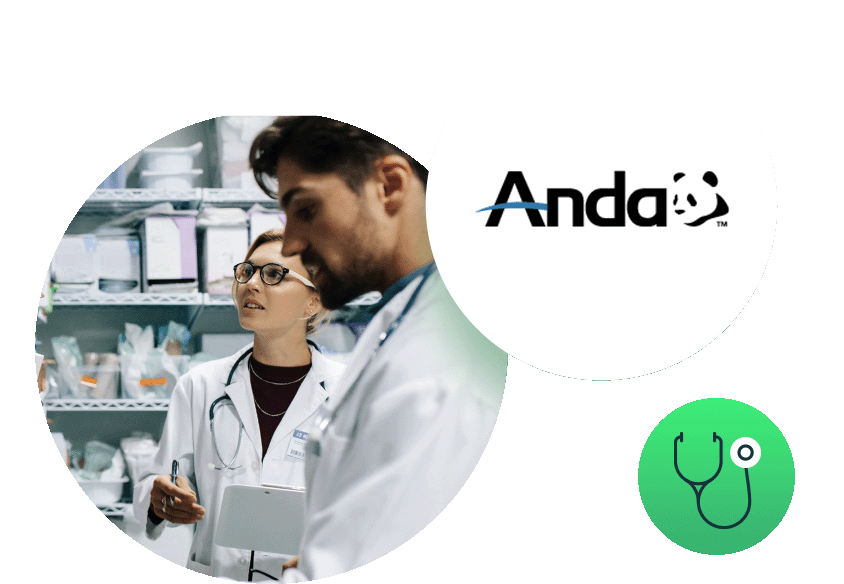 Artsen kijken naar voorraad rekken met Anda logo