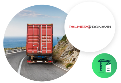 Logo Palmer-Donavin avec icône de matériaux de construction et un semi-remorque sur l'autoroute